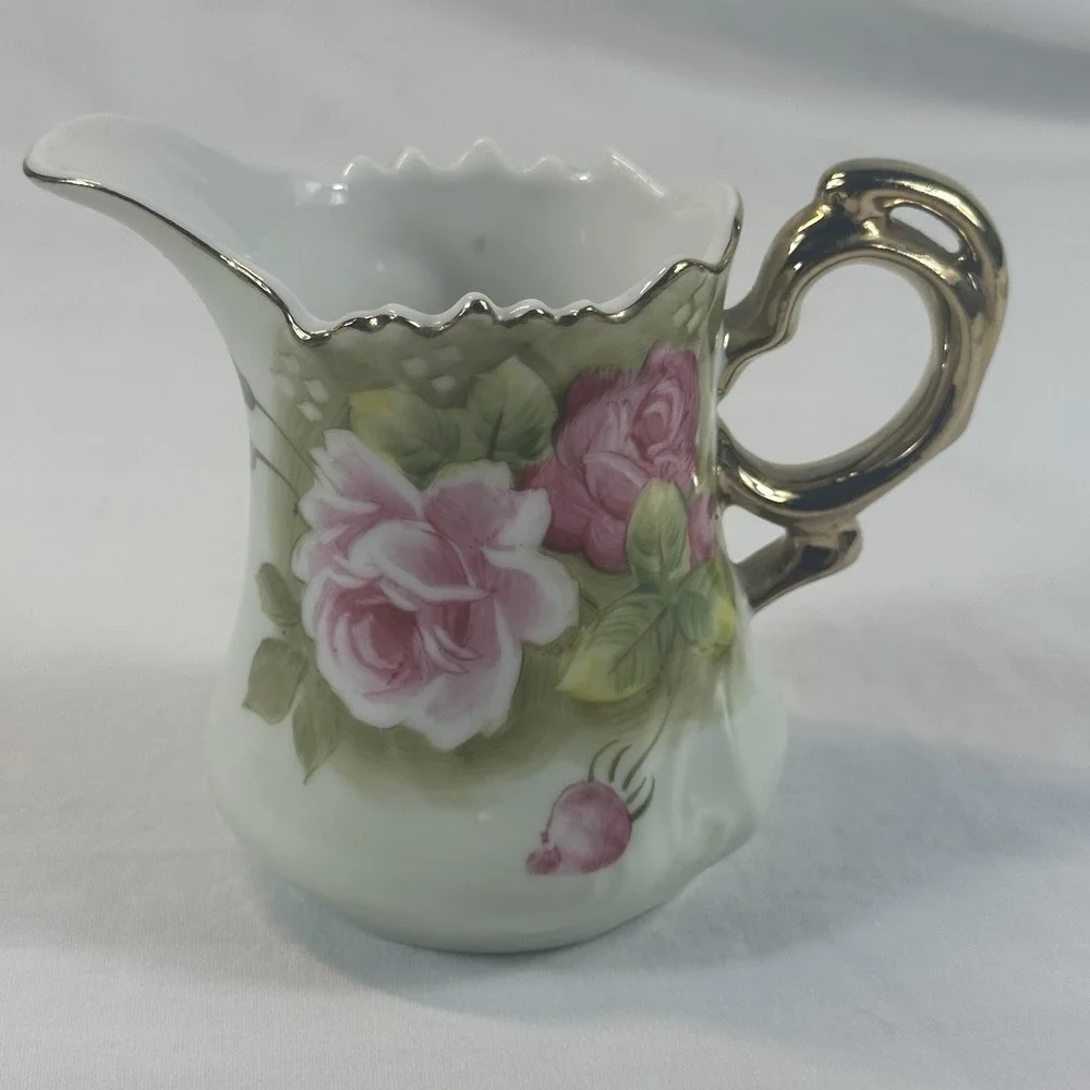 Vtg Lefton Heritage Rose Tea Set Teapot Sugar Creamer Bud Vase Gold Hand Painted